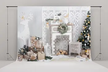 

winter room flat fireplace wood decorations christmas tree Vinyl cloth High quality Computer print party backdrop