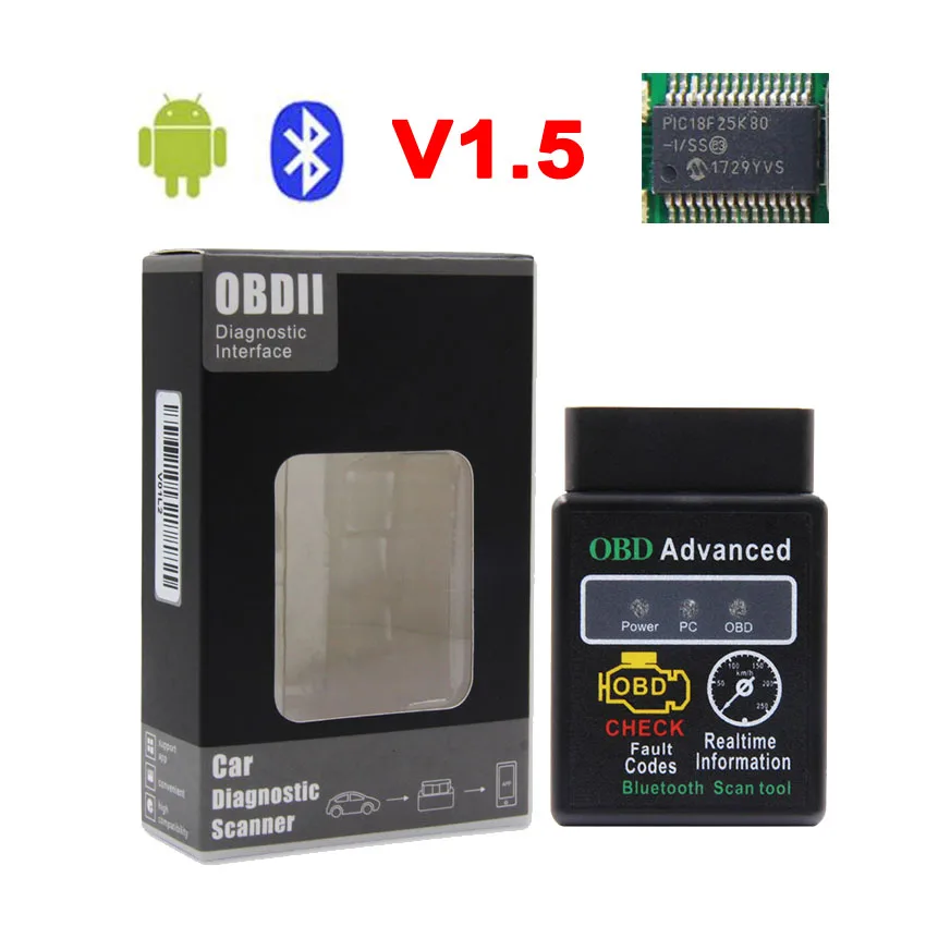 Elm327 Bluetooth V1.5 PIC18F25K80 OBD Код считыватель сканер инструмент elm327 V1.5/v2.1 OBDII Автомобильный диагностический для Android/Symbian - Цвет: Big Full Black v1.5