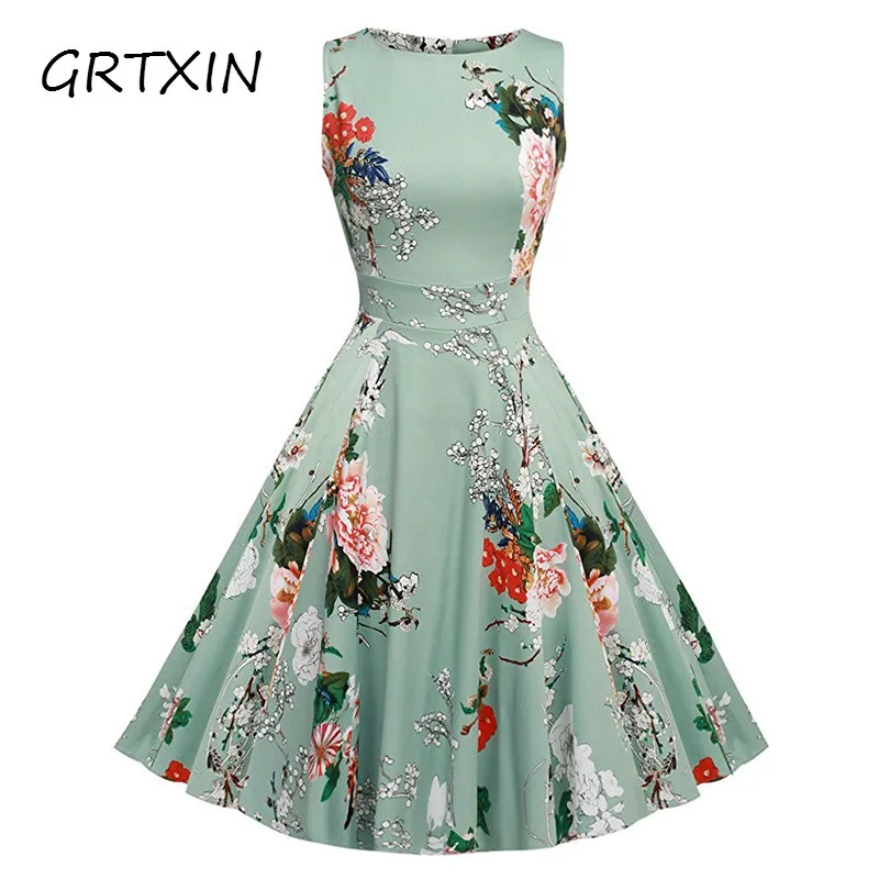

Floral Print Summer Dress Women Sleeveless Tunic 50s Vintage Dress Belt Elegant Rockabilly Party Dresses Sundress