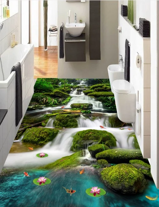 [Самоклеющиеся] 3D белый поток лес 4 Нескользящие водонепроницаемые фото