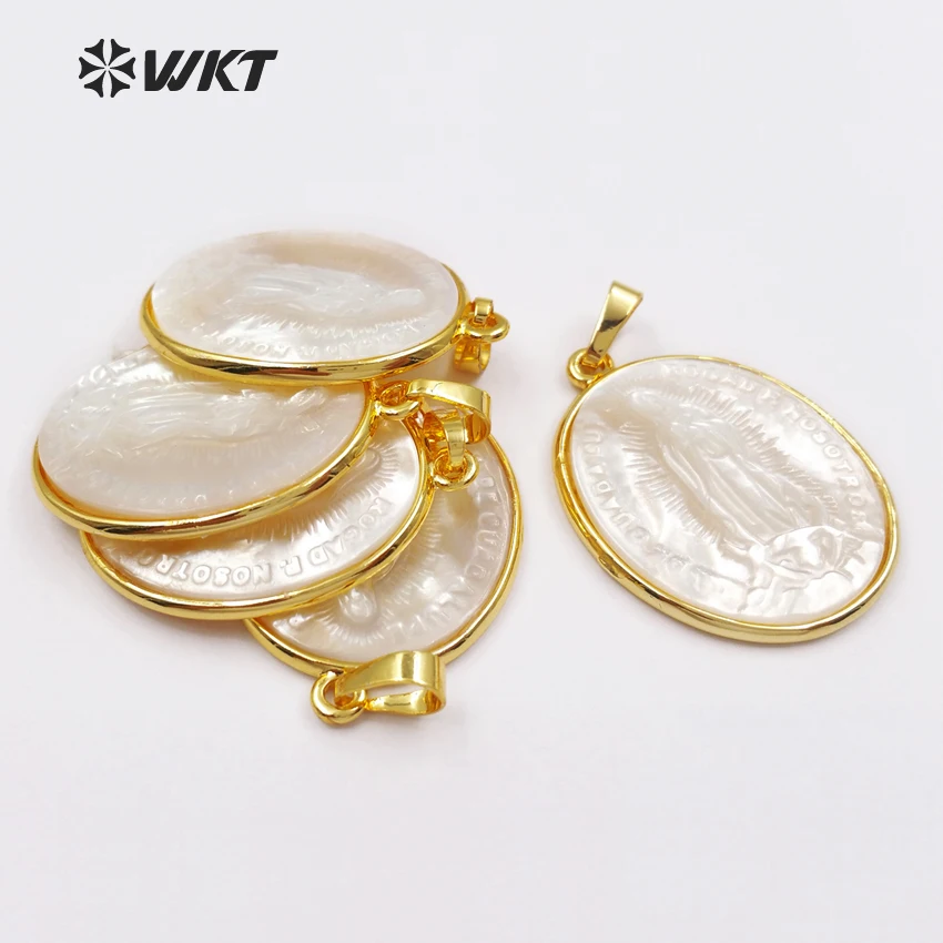 WT-P1353 In Stock ! Elegant White Shell Pendants With Virgin Mary Pattern Oval Slice Shape Metal Plated Female Jewelry