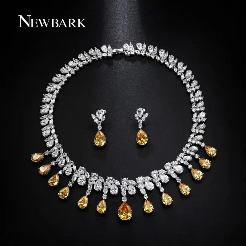 

NEWBARK Silver Color Cubic Zirconia Necklace Earring Set Yellow Teardrop CZ Earring Pendant Neckalces Set Women Jewelry