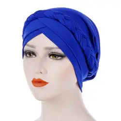 Модный синий мусульманский женский хиджаб однотонная шляпа хлопок осень зима индийский обертывание тюрбаны трикотаж для мусульманок