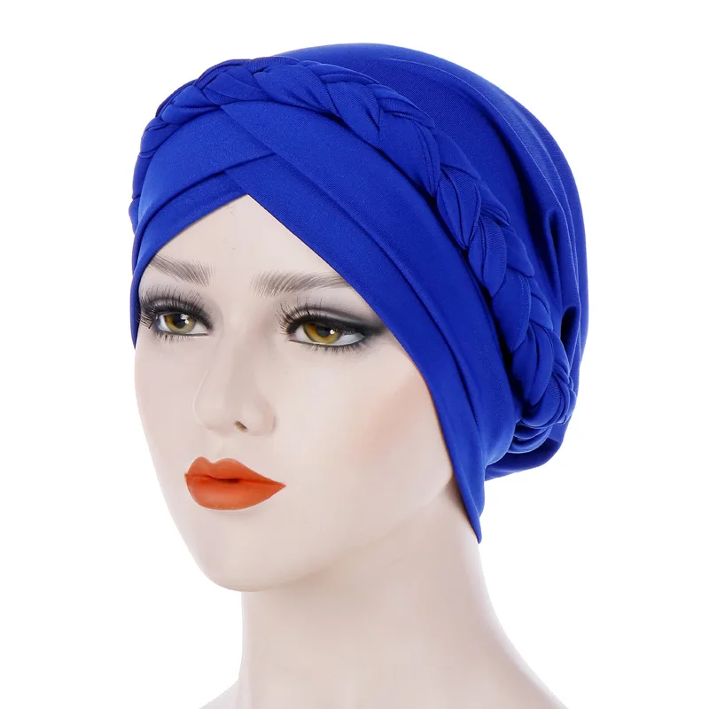 

Fashion Blue Muslim Lady Hijab Hat Solid Color Cotton Autumn Winter Indian Wrap Turban Hats Islamic Jersey Head Scarf Caps