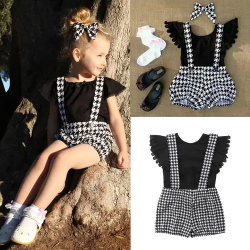 

2018 Fashion Kids Baby Girls Clothes Summer Sets Girl Solid Lace Sleeveless Beach Tops Houndstooth Bib Pants 2Pcs Clothes 6M-4Y
