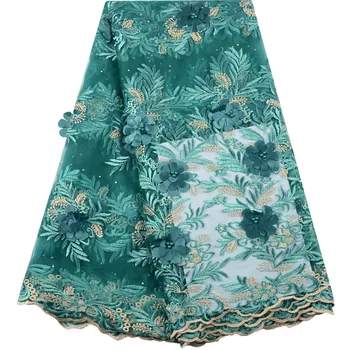 

Green Embroidered Tulle Lace Fabric Pearls Lace Applique Fabric For Wedding African 3D Flower Lace Fabric High Quality 1473