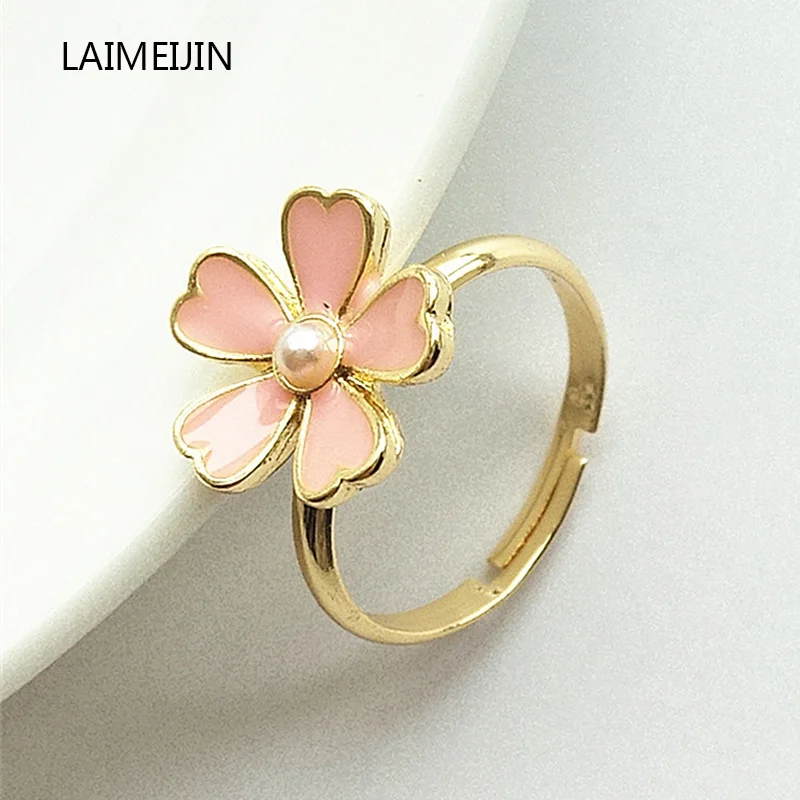 

Sweet Pink Flowers Rings for Women Temperament Simulated Pearl Rings Lovely Petals Ring Fashion Party Jewelry Girl Birthday Gift