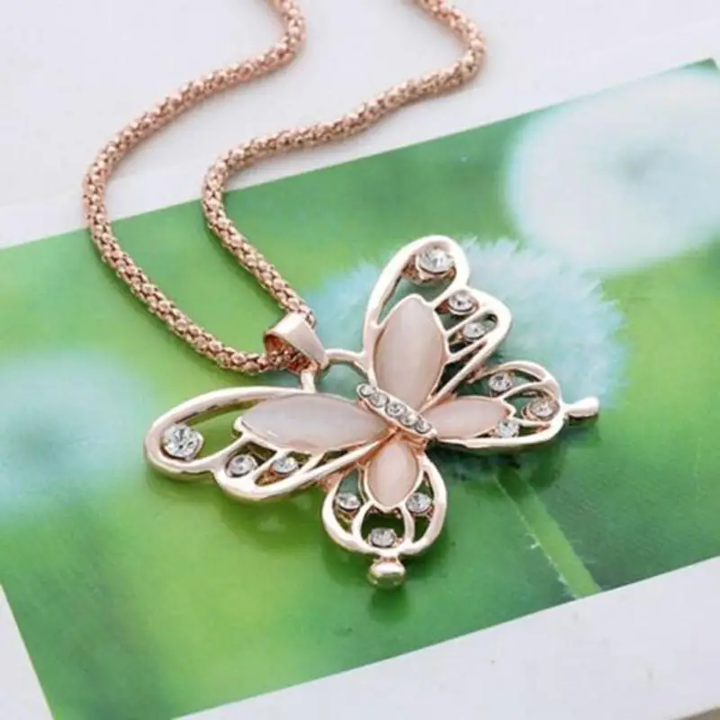 Women Rhinestone Crystal Butterfly Pendant Long Chain Sweater Necklace Fashion