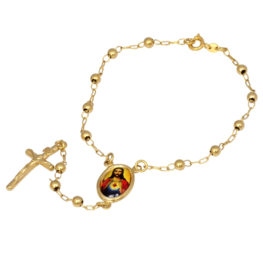 

2019 Hot Fashion 24K Yellow Gold-color Unisex Rosary Pray Bead Blessed Jesus Cross Chain Bracelet Bangle 210mm Gift Package