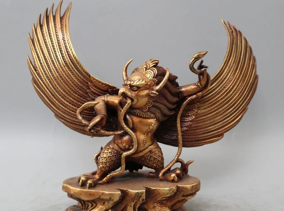 

10" Tibet Buddhism Bronze Gild Redpoll Winged Garuda Bird Eagle Buddha Statue