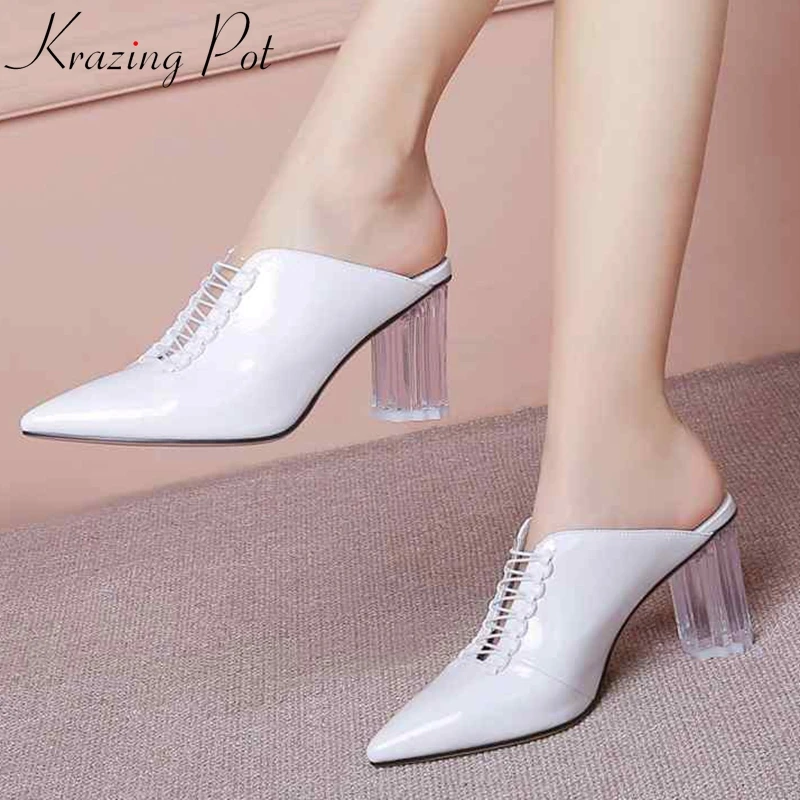

Krazing Pot 2019 natural leather brand shoes luxury princess crystal shoes pointed toe high heels solid color shallow pumps Ls5