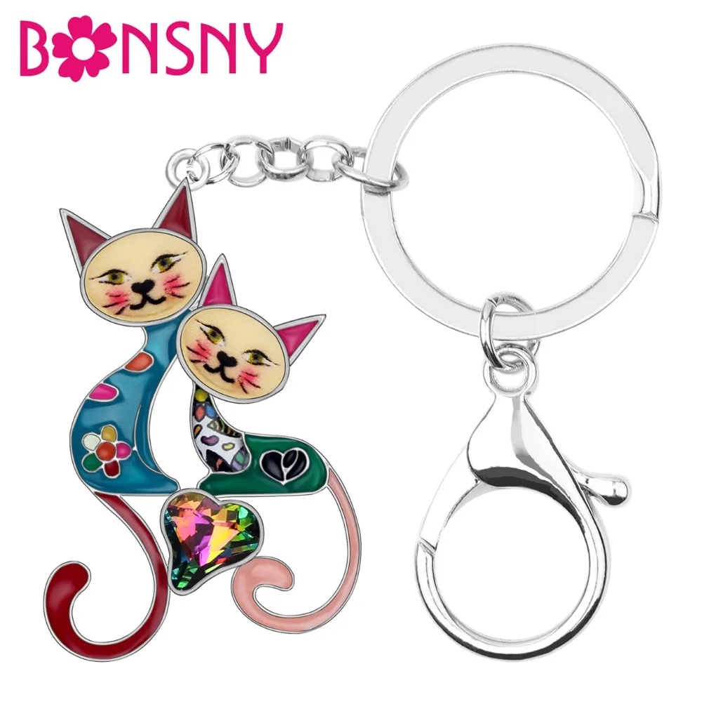

Bonsny Enamel Alloy Rhinestone Double Cat Key Chains Keychains Ring Crystal Animal Jewerly For Women Girls Bag Pendant Gift 2019