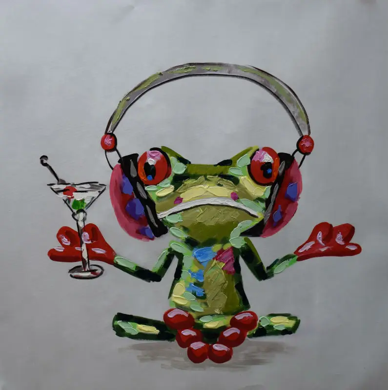 

Hand Painted Abstract Cartoon Animal Oil Painting on Canvas Happy Music Frog Canvas Painting Wall Art Picture Painting for Room