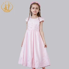 Nimble Princess Dress Vestidos Appliques Sequined Waist Pleat Bow Solid Flowers Girls Dress