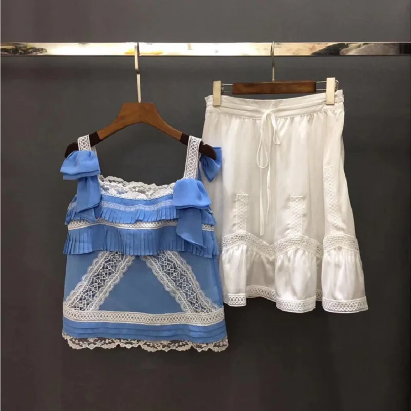 

2020 Summer Fashion Crop Sets High Quality Ladies Lace Patchwork Strap Vest Tops+Hollow Out Embroidery A-Line White Skirt Sets