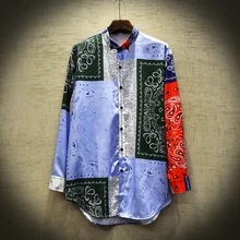 Men's Casual Shirt Camisa Masculina Hip Hop Patchwork Printed Long Sleeve Spring Summer Shirts Men National tide Fashion