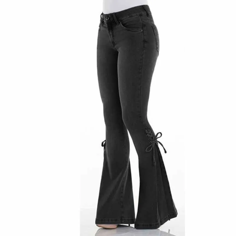 2019 модные обтягивающие джинсовые брюки со шнуровкой сексуальные растягивающиеся расклешенные джинсы в стиле ретро женские синие брюки с