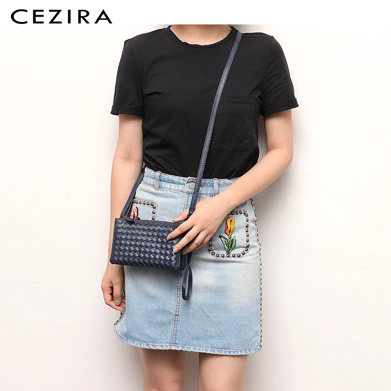 

CEZIRA Small Bags Women Crossbody Bag Girl Vegan Handmade Woven Purses&Handbag Waistlet Multi Zippers Long Belt Wallet Cluches