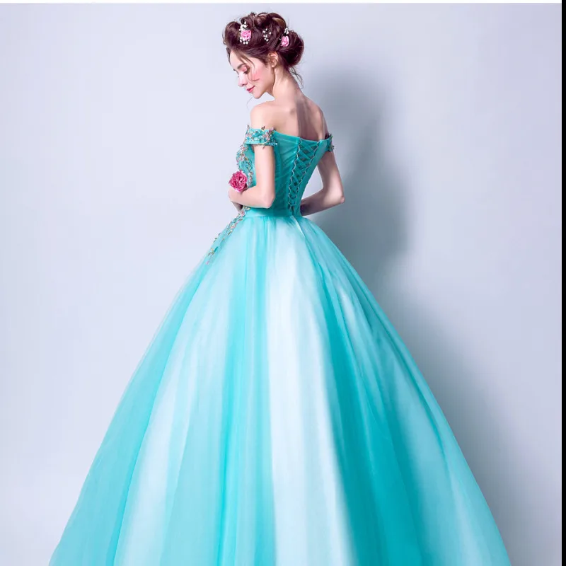 ruthshen Fairytale Ball Gown Prom Dresses 2019 New Light Blue Beading Romantic Flowers Off the Shoulder Vestidos De Prom Gowns