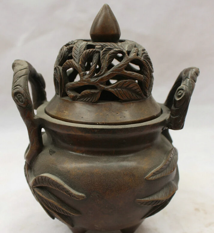 

S5886 8" Marked Chinese Dynasty palace Bronze 3 Foot Leaf handle Incense Burner Censer D0317