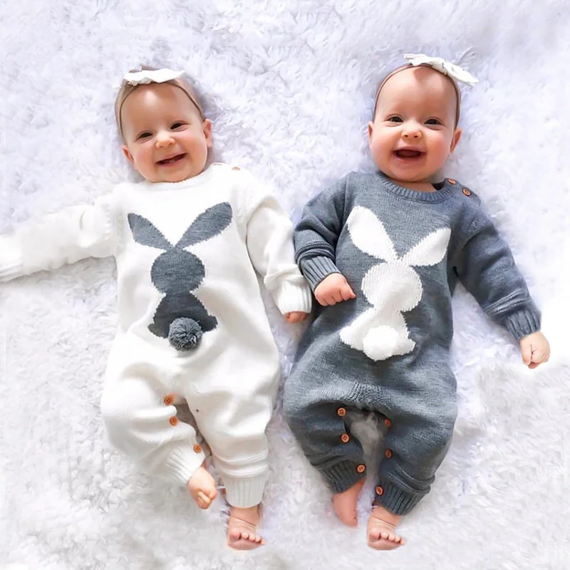 

Infant Baby Rompers Winter Warm Newborn Long Sleeve Jumpsuits Outfits rabbit Knitted Infant Girls Overalls Kids Boy Costume