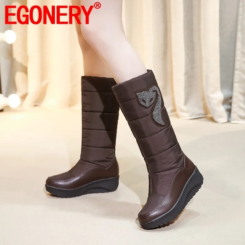 

EGONERY woman shoes winter new casual crystal round toe snow boots outside warm mid heels platform plus size shoes drop shipping