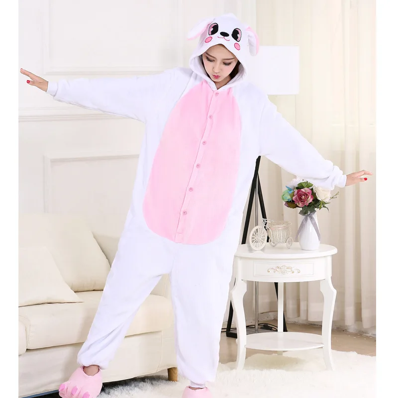 Cheap Rose Rabbit Onesies Adult Kigurumi Bunny Flannel Pajamas One-piece Jumpsuit Pijama Cosplay Party Animal Onesies Halloween (9)