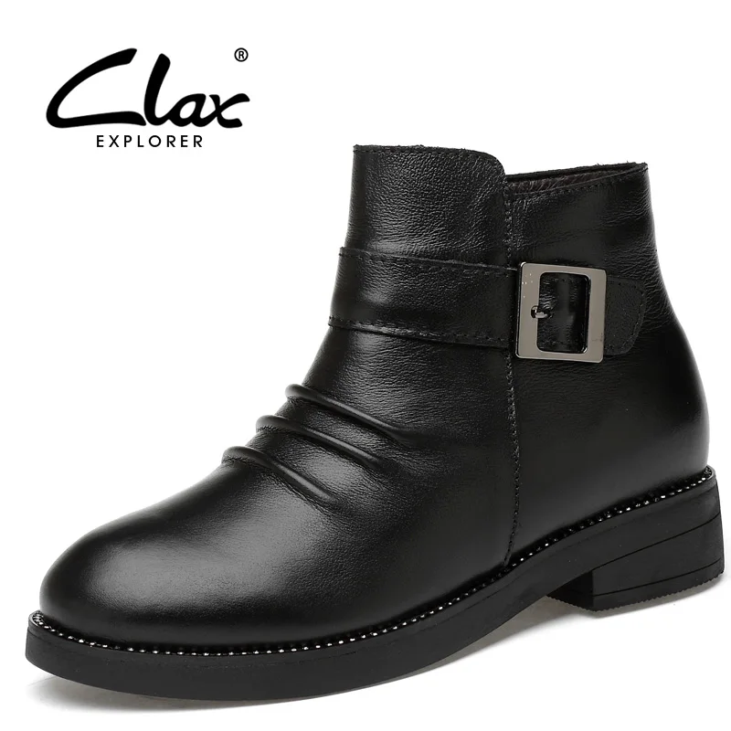 

CLAX Women Boots Genuine Leather Autumn Casual Leather Shoes Famale Ankle Boot Winter Boots Plush Fur Warm Snow Shoes Zipper