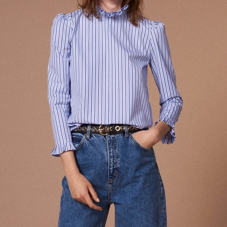 

2018 fall new fashion ruffles collar puff sleeve lady striped cotton bottoming blouse shirts