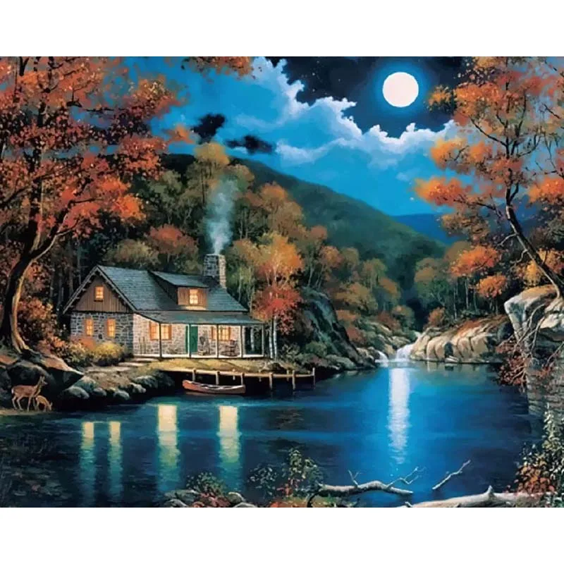 Full Moon Night Scenery DIY Coloring Painting By Numbers Oil Paintings