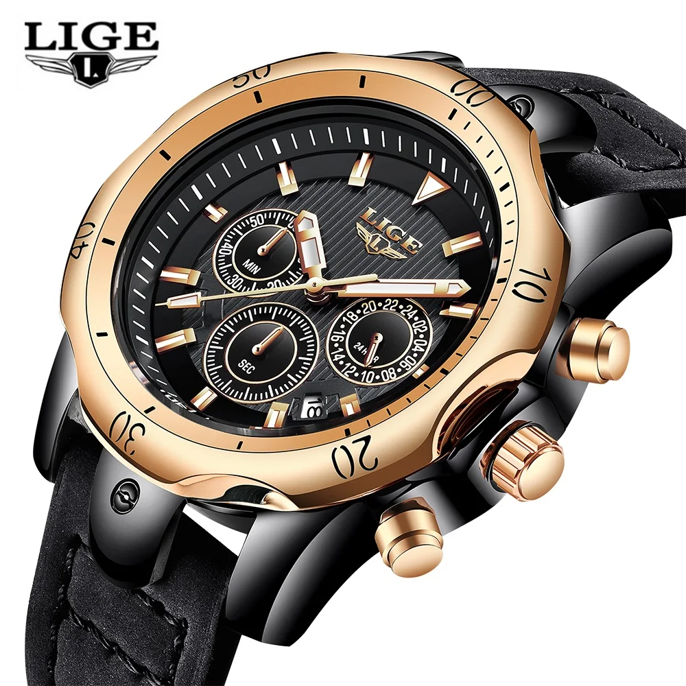 

LIGE Luxury Brand Mens Watches Fashion Casual Quartz Watch Men's Leather Military Waterproof Gold Sports Watch Relogio Masculino