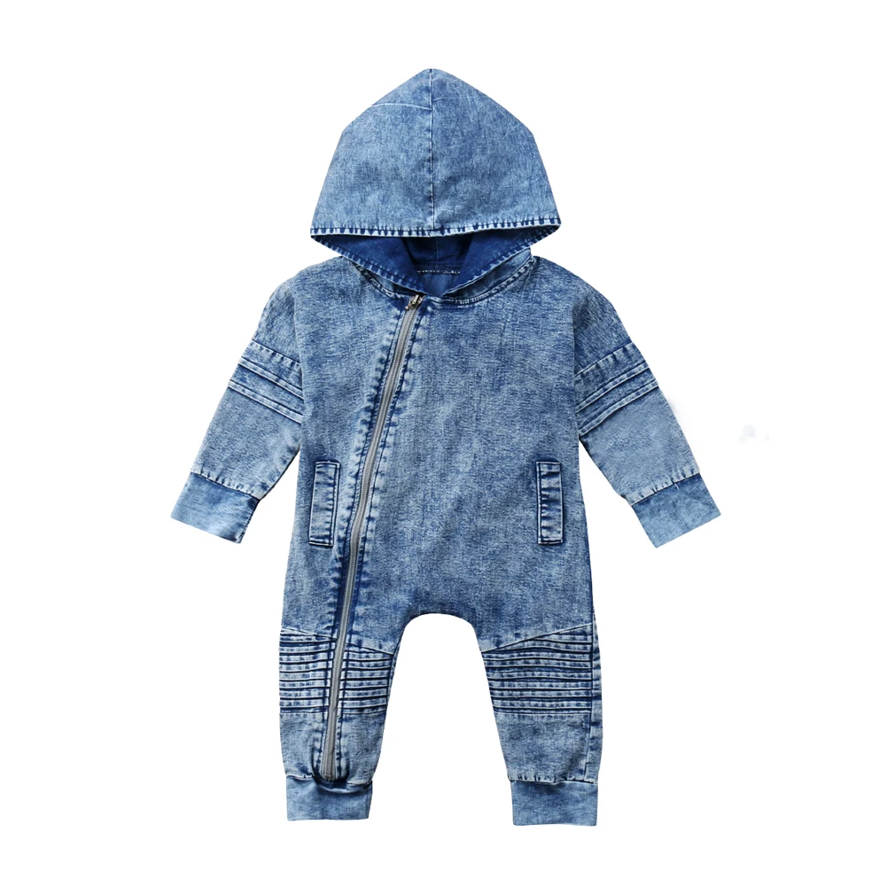 

0-3Y Fashion Newborn Toddler Baby Boy Long Sleeve Hooded Zipper Denim Romper Jumpsuit Tracksuit One Pieces Baby Clothes