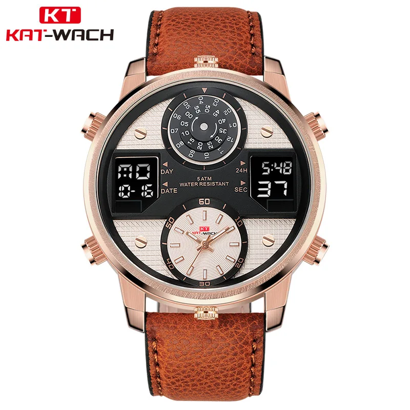 

KAT-WACH 3movements Men's Fashion Sport Watch Men Leather Waterproof Quartz Watches Male Date LED Analog Clock Relogio Masculino