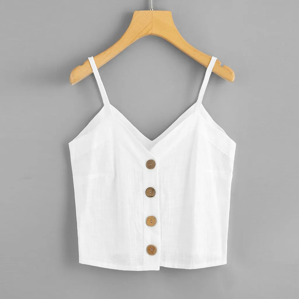 

Fashion solid color women's sling tight vest single tide section button button sleeveless shirt solid V-neck Camis