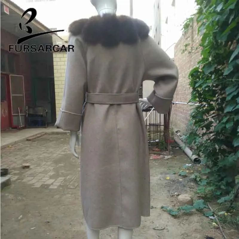 FURSARCAR New Fashion Real Fur Coat Women With Long Fox Fur Collar Winter Warm Luxury Wool Skin Fur Jacket 110 Cm Long Fur Coat