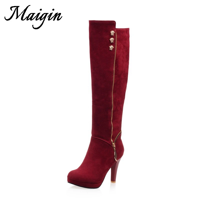 Maigin Big Size Knee High Boots 2018 New Pointed Toe High Heels Winter Shoes Women Fashion Suede Warm Long Winter Boots Women