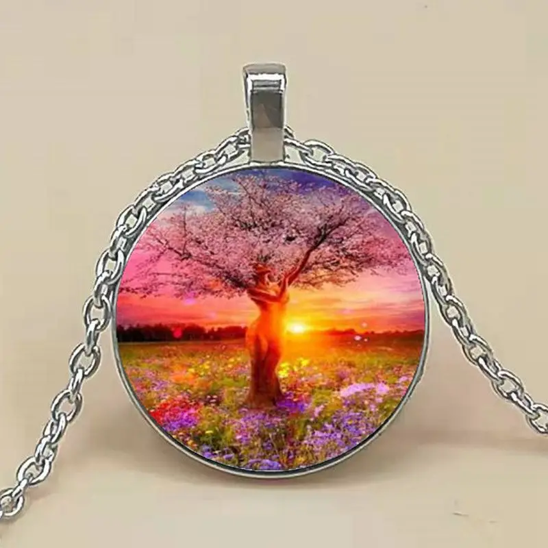 

Goddess Tree Of Life Photo Tibet Silver Cabochon Glass Pendant Chain Necklace