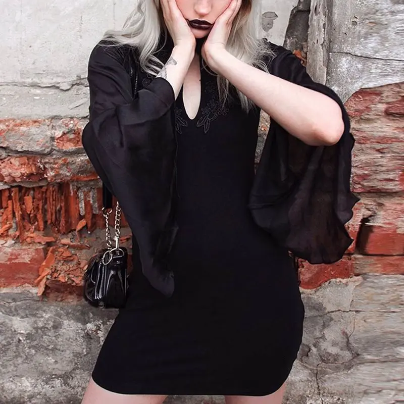 

Summer Vintage Chic Gothic Cheongsam Black Women Mini Dresses Bodycon Stand Collar Embroidery Floral Hole Qipao Female Dress