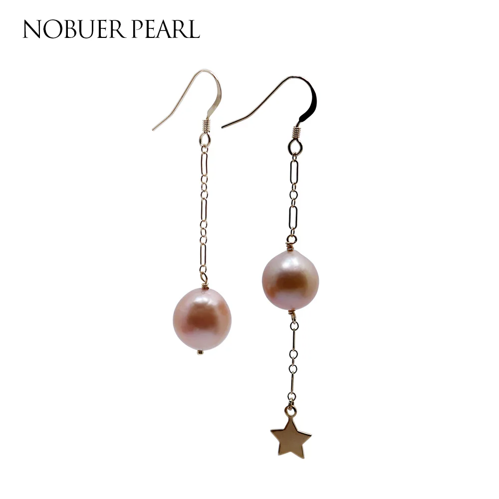 

Nobuer Spherical Real Pearl Star Style Trendy 14K Gold Pearl Drop Earrings For Women To Party With Pink Pearl Long Earrings
