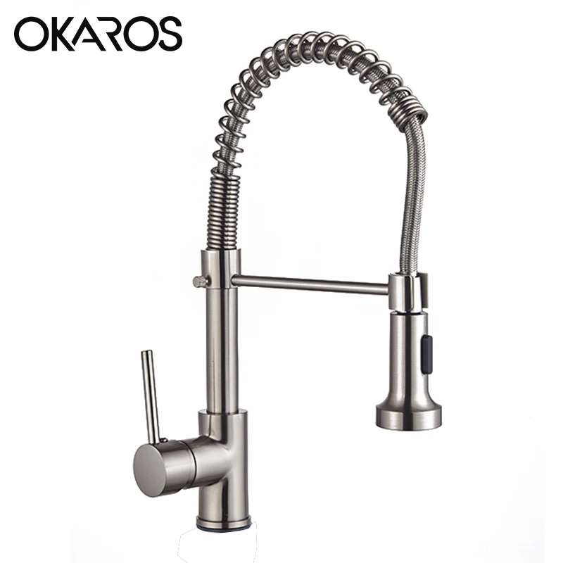  OKARO Chrome Finished Kitchen Faucet Pull Out Spring Style Swivel Dual Sprayer Outlet Nozzle Water  - 32845665475