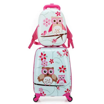 Ensemble de bagage pour enfant en dessin avec valise à roulette et petit sac à dos – Hibou