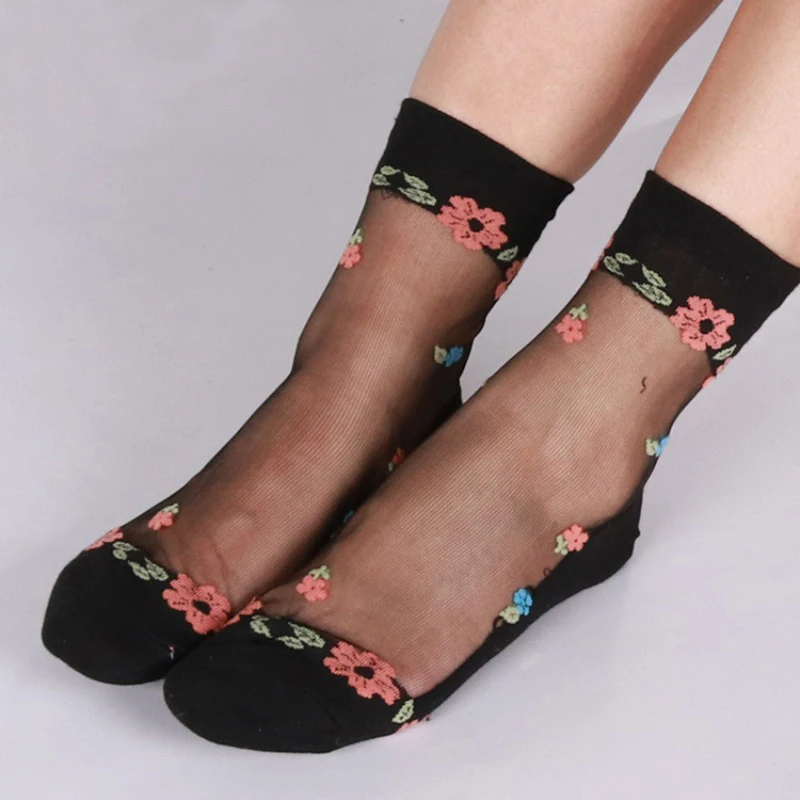 1 пара, модные женские летние кружевные носки с цветочным принтом, Женские Эластичные Прозрачные шелковые ультратонкие короткие носки
