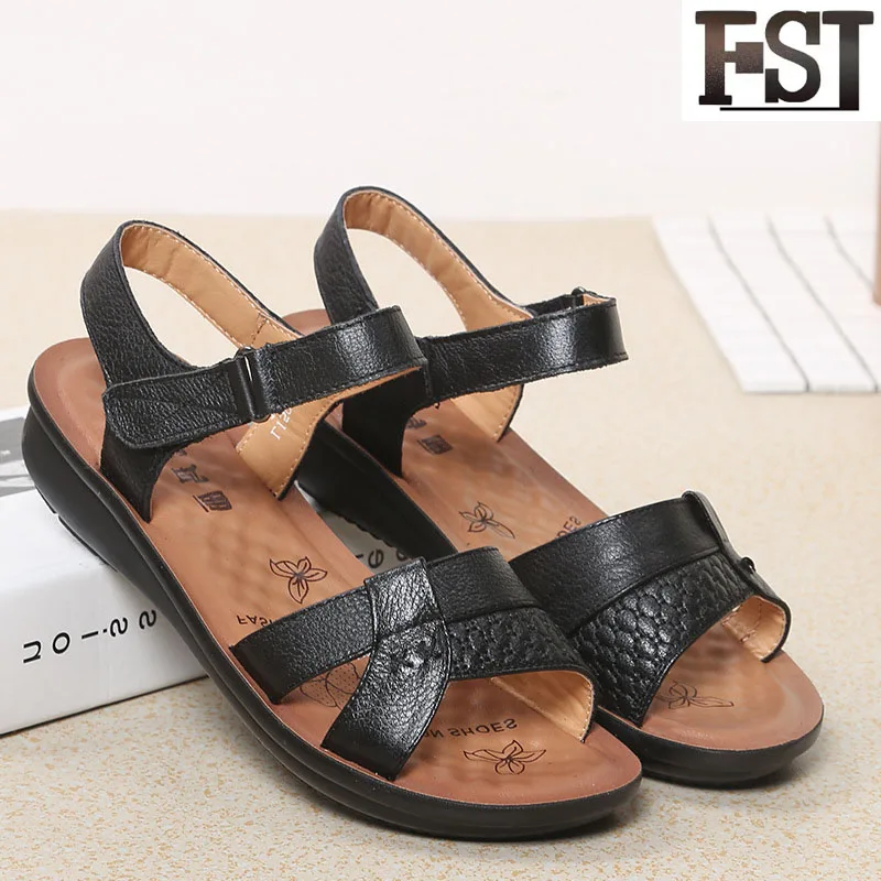 

FSJ Sandals Genuine Leather Cow Leather Ankle Strap Flat with Rubber Solid Hook & Loop Fashion Mature Unique Sewing Persoanlity