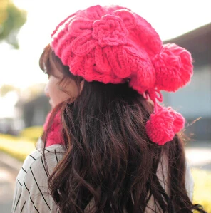 BomHCS Модные женские зимние ручной работы вязаные шапочки цветочные шапки - Цвет: watermelon red