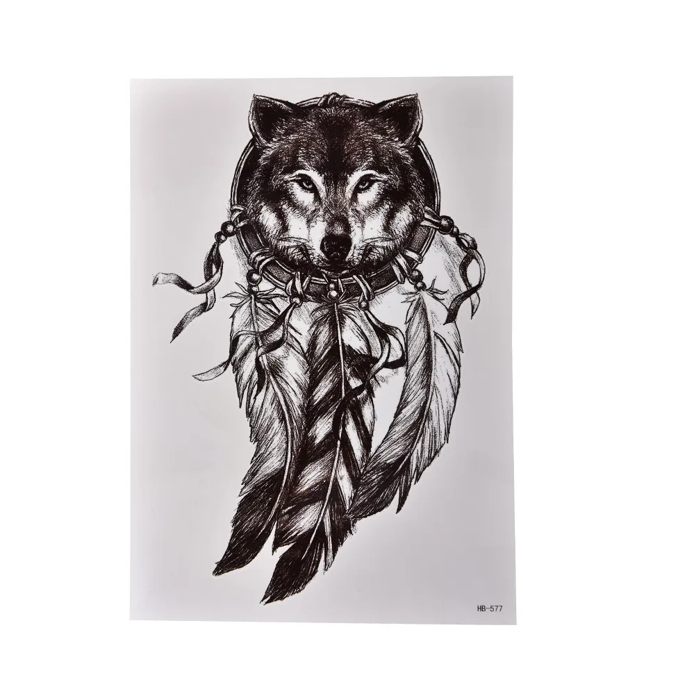 1 Pc Hitam Sketsa Tattoo Sticker Wanita Pria 3D Body Art Serigala