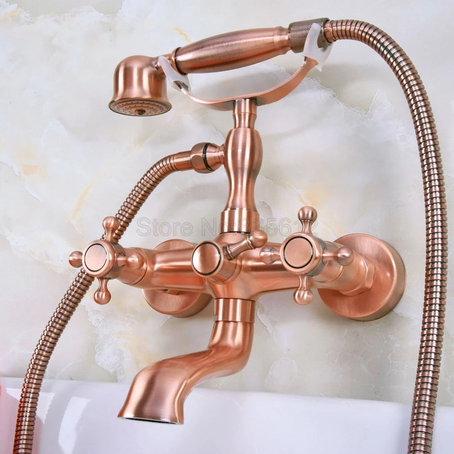 

Antique Red Copper Bathtub Faucets Telephone Style Tub Mixer Taps Dual Handle Bathroom Bath Shower Faucet with Handshower tna339