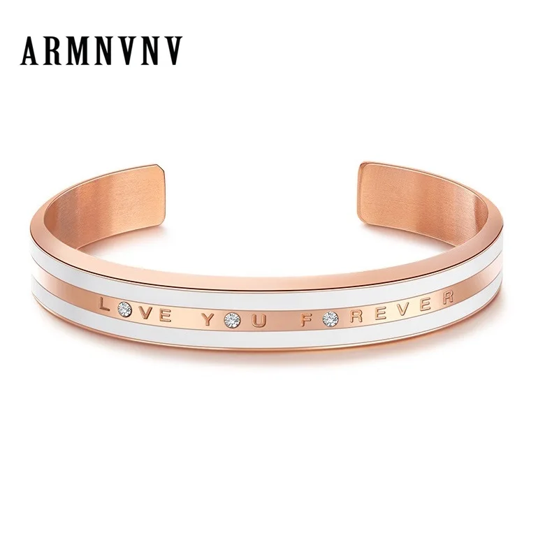 

100% Stainless Steel Open Cuff Bracelets Rose Gold Crystals "LOVE YOU FOREVER" Bracelets & Bangles For Women Pulsera Gift
