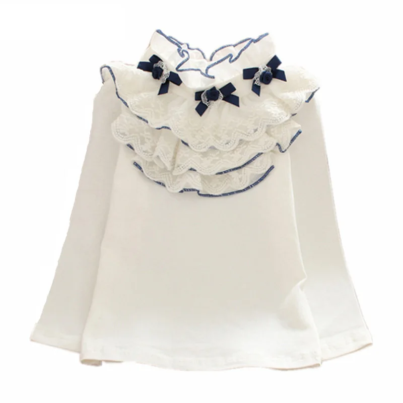 Весна-Осень, топы с длинными рукавами для девочек, Базовая рубашка, белая кружевная школьная блузка для девочек, рубашка, хлопковая детская одежда для 18 мес.-13 лет, DQ953