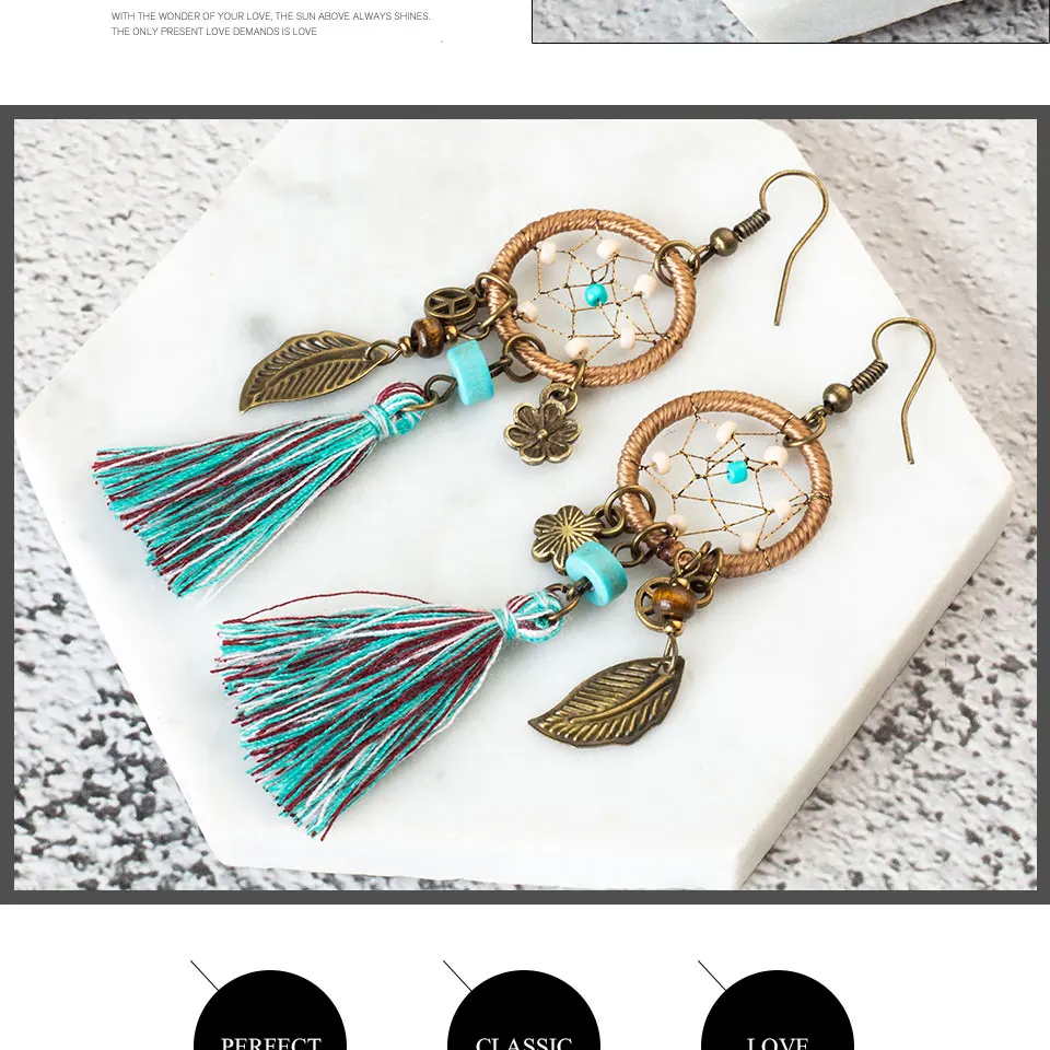 Bohemian Dreamcatcher Leaf Flower Tassel Alloy Earrings 4