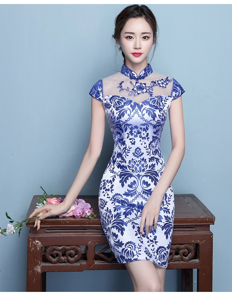 Синий и белый фарфор Мини Qipao Платья для женщин короткие современные китайское традиционное платье Cheongsam платье с цветочным рисунком chinoise